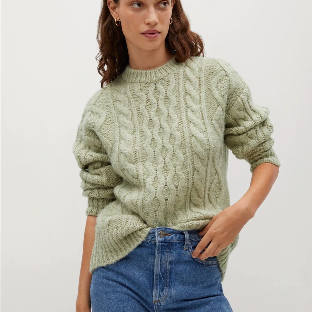 Mango Mint green Cable-knit sweater: size L NWT